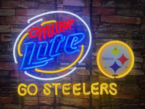 Letreros de neón para decoración de pared, compatibles con Miller Lite Go Steeler, letrero de luz de hombre, cueva, bar, pub, lámpara de cerveza con