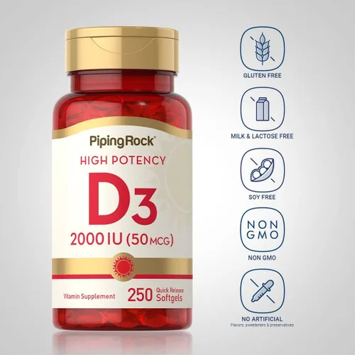Miniatura 3 de Piping Rock Vitamina D3 2000 UI 250 cápsulas blandas Alta potencia Suplemento colecalciferol Sin OMG, sin gluten
