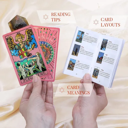 Miniatura 5 de Tarjetas de tarot para principiantes, cartas de tarot rosas con libro guía lámina dorada con significados en ellos, 78 cartas de tarot clásicas