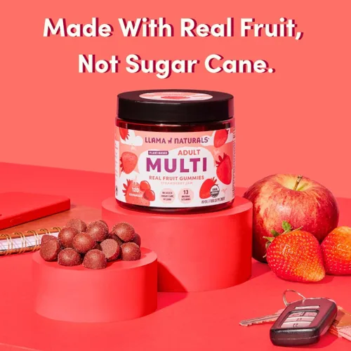 Miniatura 5 de Llama Naturals Multivitamínico para mujeres y hombres, gomitas veganas y orgánicas con vitamina D, C y K, vitaminas masticables de fruta real