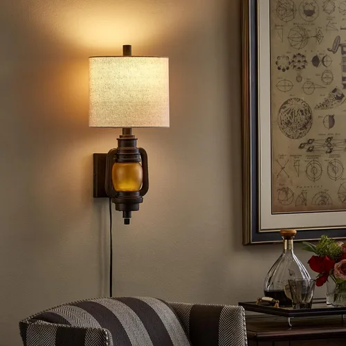 Miniatura 4 de Lámpara de montaje en pared, luces de pared vintage con cable enchufable, acabado de bronce oscuro, aplique de pared con pantalla de tela de lino