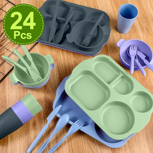 Miniatura 5 de 24 piezas de vajilla de paja de trigo con juego de cubiertos para adultos, incluyendo platos divididos, aptos para microondas y lavavajillas