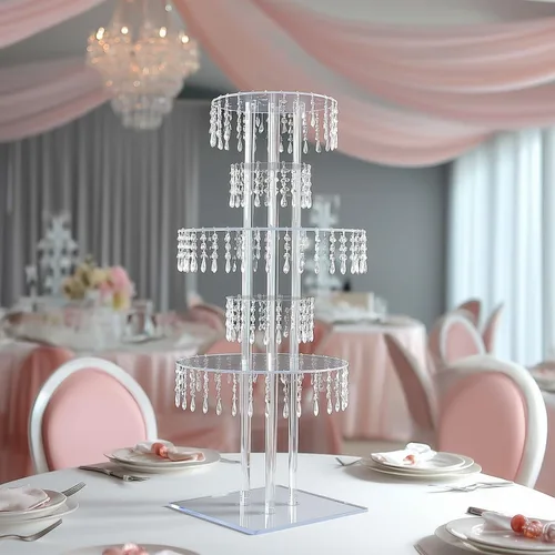 Miniatura 15 de Efavormart - Paquete de 2 elevadores de plástico transparente de 12 pulgadas con borde dorado para cupcakes y postres, soporte desechable para tartas