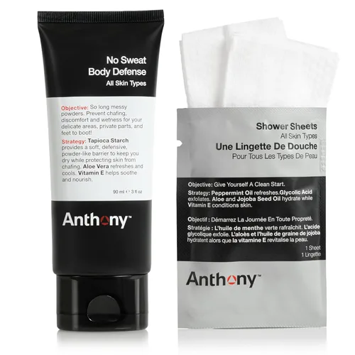Anthony No Sweat Body Defenseand - Paquete de sábanas de ducha – Anti-rozaduras y antipicazón de crema a polvo – 3 onzas líquidas y 1 sábana de