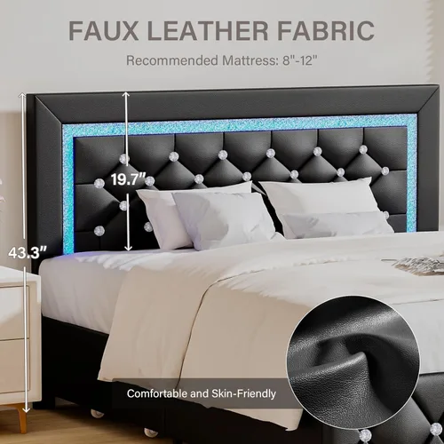 Miniatura 4 de BarnFurin Marcos de Cama Individual con Luces LED y Cajones de Almacenamiento, Marco de Cama Tapizado con Cabecera de Diamante, Cama de Plataforma