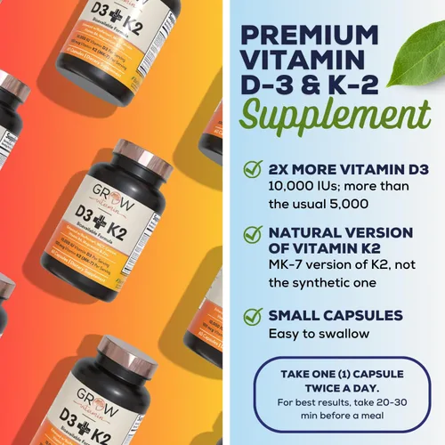 Miniatura 6 de grow vitamin Aceite D3 K2 con MCT - 10,000 UI D3, 100 mcg K2 MK7, calcio, zinc, bioperina, magnesio para una absorción superior - 60 cápsulas