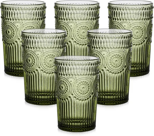 Miniatura 11 de ZMOWIPDL Juego de 6 vasos de vidrio vintage para beber, vasos de agua de vidrio con textura transparente con diseño de flores, vasos de agua a rayas