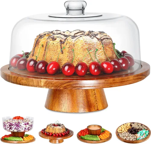 Homeries Soporte de madera de acacia para pasteles con tapa, plato para pastel, (6 en 1) plato multifuncional para servir, soporte grande para