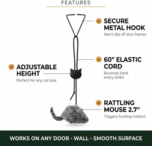 Miniatura 3 de Juguete colgante para gatos de puerta, mouse de plumas para gatos de interior, no necesita pilas, se monta en cualquier marco de puerta, estimula