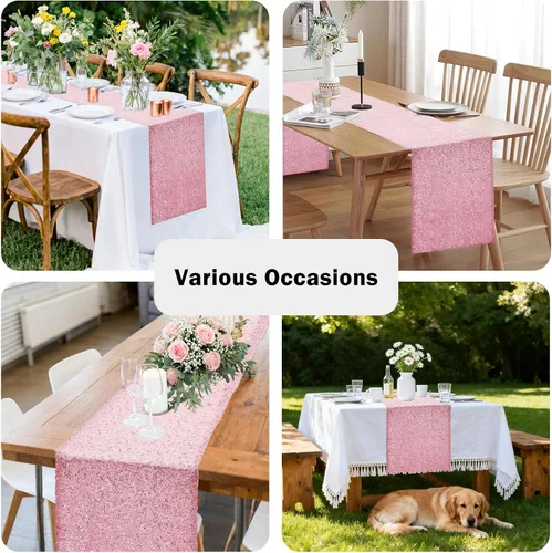 Miniatura 6 de Camino de mesa de lentejuelas de 72 pulgadas de largo, camino de mesa rosa con purpurina para fiesta, boda, bebé nupcial, 6 piezas, rosa 2-Rosa