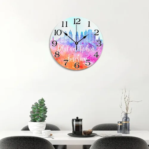 Miniatura 5 de Reloj de pared con silueta de horizonte de Filadelfia de Estados Unidos, acuarela, paisaje urbano, relojes de pared grandes, funciona con pilas, 10
