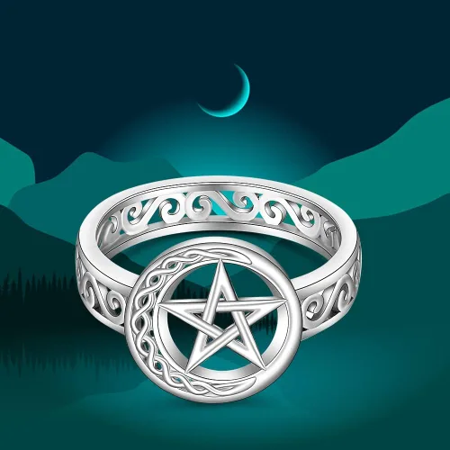Miniatura 5 de Talonior Anillo de pentagrama con pentáculo para mujer, nudo celta, luna creciente, bruja, wicca, anillos paganos, plata de ley, amuleto, estrella
