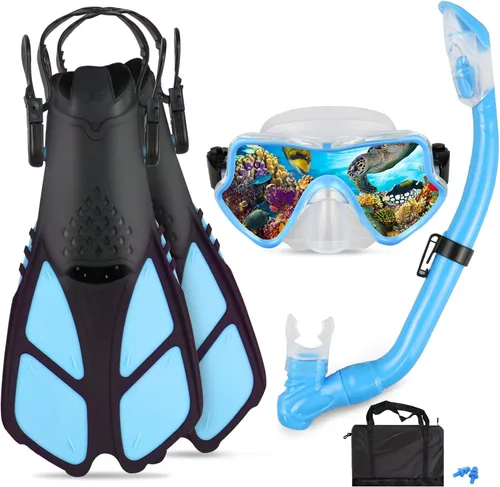 Miniatura 12 de Juego de esnórquel para niños – Aletas ajustables + máscara de esnórquel panorámica + tubo de esnórquel seco + bolsas de viaje – Adecuado para niños