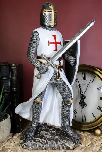 Miniatura 7 de Ebros - Figura de caballero espadachín medieval con capa blanca de 11.5 pulgadas de alto, traje real medieval de armadura, caballero de la cruz