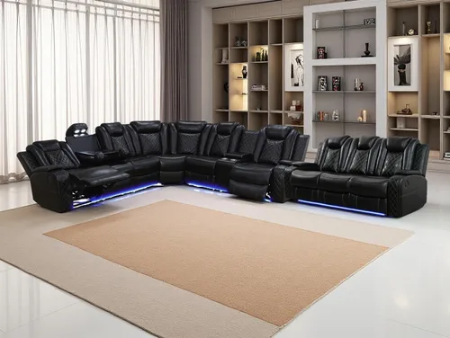 Miniatura 30 de Juego de sofá de cuero transpirable con puerto USB, 5 sofás seccionales reclinables en forma de L y 2 sillas, juego de sofá seccional reclinable