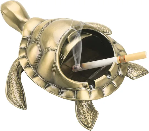 LAUYOO Cenicero vintage de tortuga resistente al viento con tapa, portátil, para fumadores de interiores y exteriores, bandeja de metal para cenizas