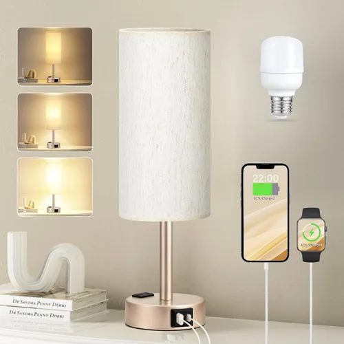 Miniatura 25 de Fenmzee Juego de lámparas de mesa pequeñas táctiles regulables de 2 a 3 vías, carga USB A + C, salida de CA, base de grano de madera, bombillas