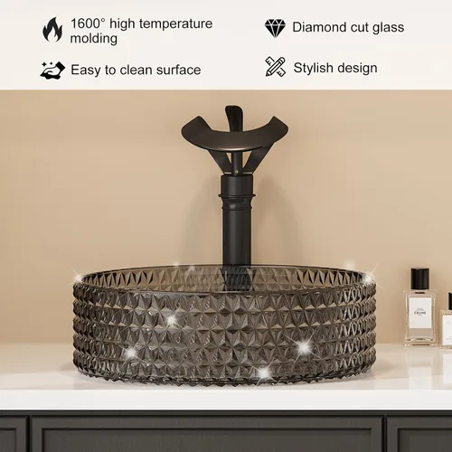 Miniatura 4 de Fregadero de Vaso de Vidrio Negro Lovedima, Lavabo de Tocador de Baño Sobre Encimera