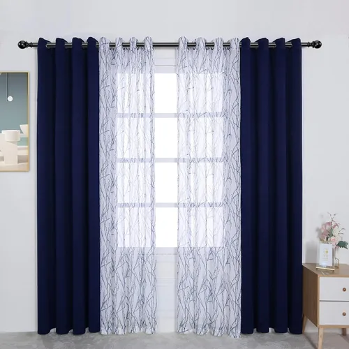 Miniatura 10 de BONZER Cortinas para Mezclar y Combinar - 2 Piezas de Cortinas Transparentes con Estampado de Ramas y 2 Piezas de Cortinas Opacas para Dormitorio