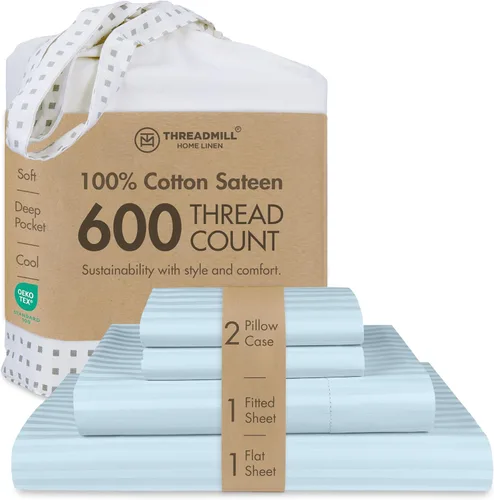 Miniatura 24 de Threadmill Sábanas de Algodón 100% para Cama Tamaño Queen - Juego de Sábanas Queen de 600 Hilos con Bolsillo Profundo de 16" - Juego de Ropa de Cama