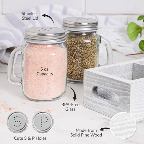 Miniatura 3 de Juego de salero y pimentero Mason Jar - Juego de salero de vidrio con soporte de madera, fácil de limpiar y rellenar para mesa de cocina de granja