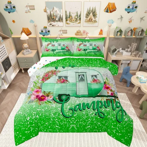 Miniatura 33 de Juego de edredón de camper tamaño matrimonial, edredón acolchado para adolescentes y niños, juego de ropa de cama rústica de granja para niños
