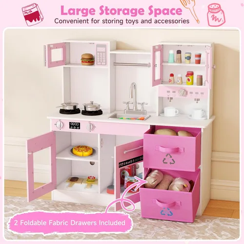 Miniatura 5 de INFANS Juego de cocina para niños, cocina de madera con luces realistas, sonidos, cafetera, lavavajillas, microondas, horno, cajones de tela Rosa