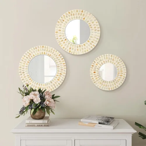 Miniatura 11 de Espejo de Madreperla Natural para Decoración de Pared para Dormitorio y Baño, 3 Piezas de Arte Geométrico de Pared Moderno para Casa y Oficina