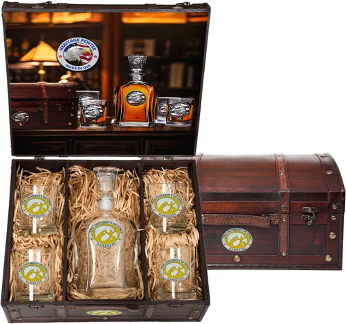 Miniatura 32 de Heritage Pewter Alabama Capitol - Juego de baúl Recipiente de líquido de 24 onzas con 4 vasos de agua Vidrio de peltre elaborado por expertos