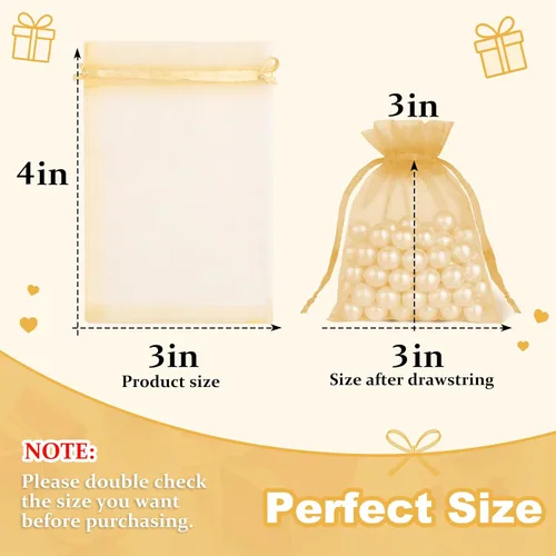 Miniatura 2 de Crweety 50 Piezas Bolsas de Organza Doradas de 3 x 4 Pulgadas, Pequeñas Bolsas de Regalo de Malla con Cordón para Favores de Boda, Despedida