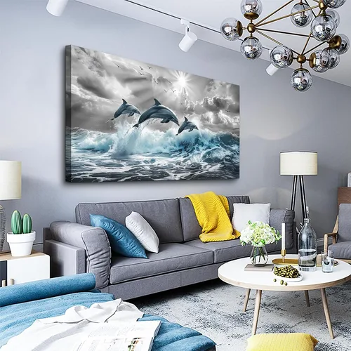 Miniatura 2 de Lapremoly Decoración de pared para sala de estar, arte de pared grande para dormitorio, olas azules del mar, ilustraciones de pared, oficina
