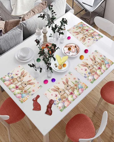 Miniatura 3 de Juego de 4 manteles individuales con diseño floral de conejo de Pascua, manteles individuales lavables para cocina, mesa de comedor, manteles
