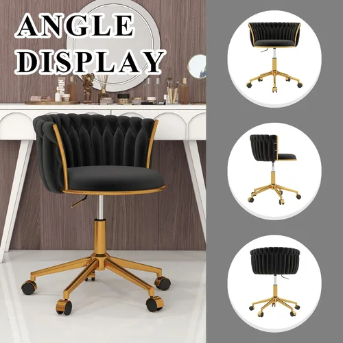 Miniatura 8 de ABET Silla de tocador con ruedas, pequeña silla de escritorio de terciopelo para oficina, taburetes de maquillaje semicirculares tejidos a mano