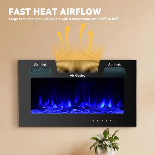 Miniatura 3 de Chimenea eléctrica montada en la pared y empotrada de 30 pulgadas con control remoto temporizador de 8 horas, 12 llamas, pantalla táctil, calentador