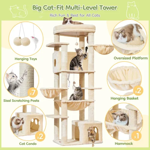 Miniatura 3 de Taoqimiao Árbol para gatos de 72 pulgadas, torre XXL para gatos de interior y adultos, plataforma extragrande, 2 casas para gatos, 7 postes