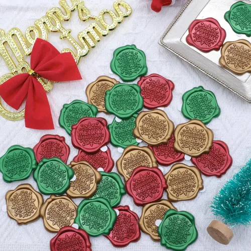 Miniatura 3 de SWANGSA 90 calcomanías de sello de cera de Feliz Navidad, color rojo, dorado y verde, autoadhesivas, para invitación de fiesta de Navidad, tarjetas
