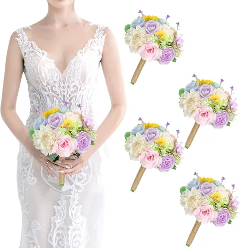 Miniatura 33 de Ramos de dama de honor para boda, juego de 6 ramos de flores artificiales para decoración de otoño, boda, propuesta de matrimonio, fiesta, Naranja