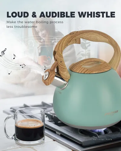 Miniatura 4 de POLIVIAR Hervidor de té, 2.7 cuartos de galón con acabado azul y mango de madera con silbato fuerte, tetera de acero inoxidable de grado