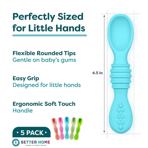 Miniatura 2 de Juego de cucharas de silicona prémium para bebés, cucharas para bebés y niños pequeños, utensilios de destete masticables para bebés de primera