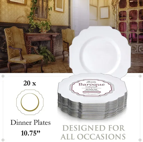 Miniatura 5 de SILVER SPOONS Platos desechables de diseño elegante para fiesta (10 piezas) Juego de cena desechable resistente de 10.75 pulgadas, platos de Blanco