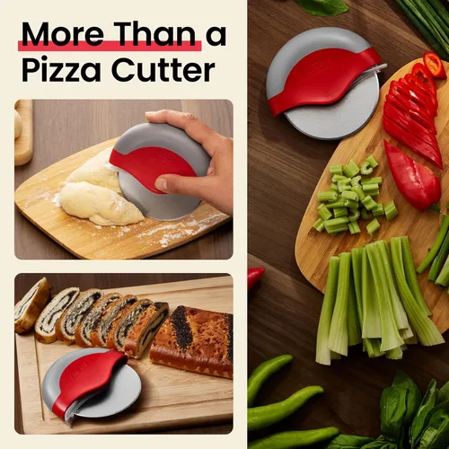 Miniatura 7 de Rueda para cortar pizza con protección para cuchilla Kitchy, rebanador súper afilado y fácil de limpiar, de acero inoxidable, Rojo