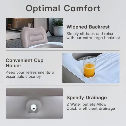 Miniatura 4 de B&Y Bañera portátil para adultos, bañera de hielo, bañera de hidromasaje familiar con cubierta de cremallera, diseñada con reposacabezas, portavasos