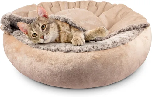 JOEJOY Cama pequeña para perros y gatos con manta con capucha, acogedora y lujosa cama para cachorros en forma de dona redonda que alivia la