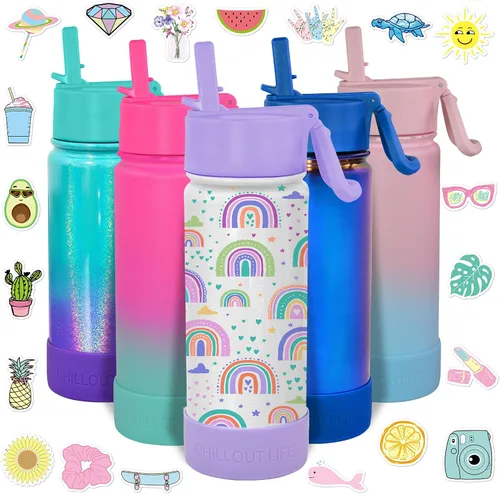 Miniatura 32 de CHILLOUT LIFE - Botella de agua aislada de 17 onzas con tapa con pajilla para niños, a prueba de fugas y bonitas calcomanías impermeables, termo