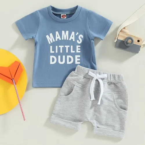 Miniatura 72 de Conjunto de traje de verano para bebé niño pequeño, manga corta, cuello redondo, letras impresas, lindo traje de verano, conjunto de 2 piezas