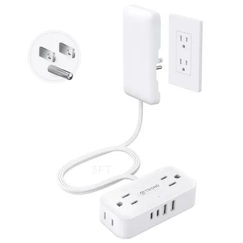 Miniatura 16 de TROND Regleta de alimentación de enchufe plano de 5 pies, cable de extensión plano pequeño con múltiples tomas, 4 puertos de CA y 4 puertos USB