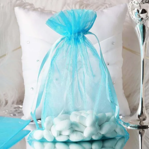 Miniatura 4 de Bolsas de regalo de organza de 4 x 6 pulgadas con cordón para joyas, dulces, paquetes de 50 bolsas de té de tela transparente azul aguamarina