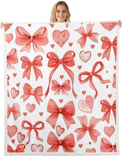 Miniatura 34 de Manta de franela de forro polar con lazos rosados femeninos de 40 x 50 pulgadas, manta mullida de corazones para el día de San Valentín para sofá