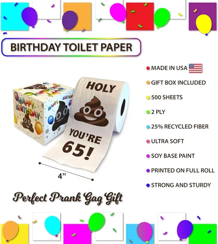 Miniatura 3 de Printed TP Papel higiénico de regalo de cumpleaños 65, divertido regalo de broma de cumpleaños de Holy You're 65, regalo de broma de papel