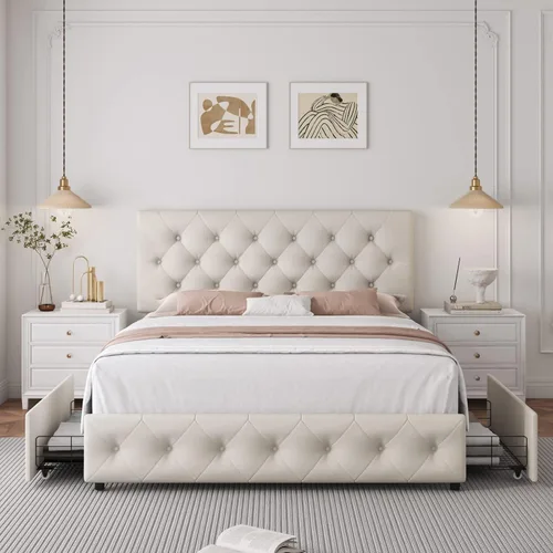 Miniatura 3 de TTVIEW Base de cama de tamaño matrimonial con 4 cajones de almacenamiento y cabecera ajustable, plataforma tapizada con diseño capitoné, soporte